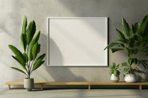 Clean, contemporary interior with an empty frame and vibrant plant AI Generated photo