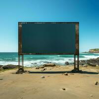 marina cartelera lona vacío marco conjunto en playa con Oceano panorama para social medios de comunicación enviar Talla ai generado foto