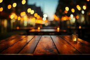 Empty wooden table with bokeh lights, perfect for showcasing your products AI Generated photo