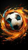 dinámica fútbol pelota arte, resumen diseño, Deportes póster habitación central vertical móvil fondo de pantalla ai generado foto