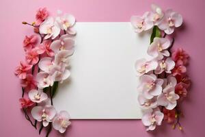 mensaje en pétalos blanco papel enmarcado por orquídeas en rosado ai generado foto