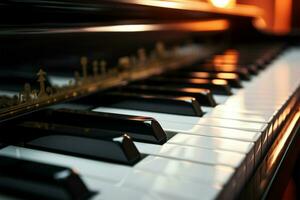 clásico piano teclado con enfocado detalles, un musical obras maestras esencia ai generado foto