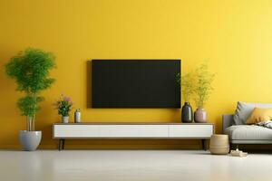 In a modern living room, a TV wall console, table, and plants adorn a radiant yellow wall AI Generated photo