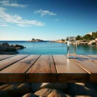 Coastal canvas Wooden table against blurred sea island backdrop and serene blue sky For Social Media Post Size AI Generated photo