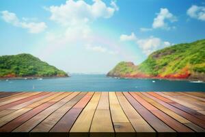 un vacío de madera mesa en contra un mar ver con un arco iris ai generado foto