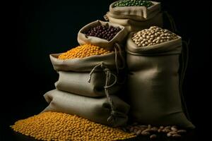 Legumes stored in a sack against a simple black background AI Generated photo