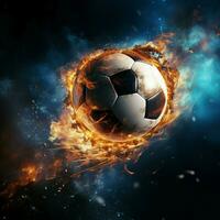 A precision strike sends the soccer ball soaring into the goal For Social Media Post Size AI Generated photo