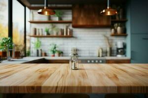 Blurred kitchen room backdrop complements the wooden tabletop in modern setting AI Generated photo