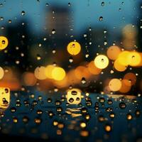 Soft focus Raindrops on glass transform the night cityscape backdrop For Social Media Post Size AI Generated photo
