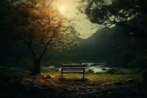 Solitude and grief a couples solitary bench amidst mystical wilderness AI Generated photo