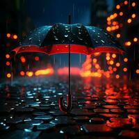 Neon umbrella in the rain, stark contrast against black surroundings For Social Media Post Size AI Generated photo