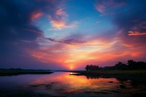 Vibrant hues adorn tranquil sunset landscape, natures masterpiece AI Generated photo