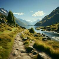 Hiking trail guides through mountainous terrain to reveal picturesque lakeside view For Social Media Post Size AI Generated photo