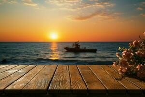 Beachside charm Wooden table with a backdrop of a beautiful sea sunset AI Generated photo