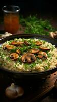 A tempting bowl of mushroom risotto takes center stage on table Vertical Mobile Wallpaper AI Generated photo