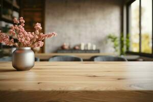 Scandinavian living room softly blurs behind an empty wooden table AI Generated photo