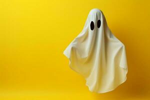 Ghostly apparition white sheet aloft against minimal yellow Halloween backdrop AI Generated photo