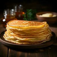 Close up of thin pancakes stacked on a rustic wooden plate For Social Media Post Size AI Generated photo