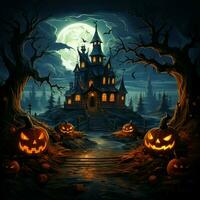 Illustrated Halloween, House on hill, pumpkins, cemetery spooky journey under moonlight For Social Media Post Size AI Generated photo