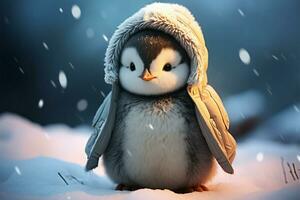 adorable bebé pingüino se pone nieve abrigo, toma un confidente estar ai generado foto