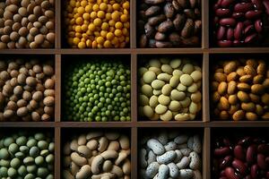 Different beans neatly organized in small wooden forms, seen from above AI Generated photo