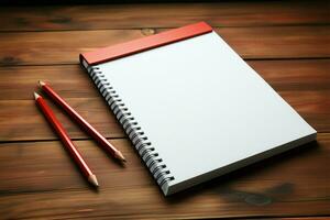 Red pencil and notepad on a wooden table for jotting goals and tasks AI Generated photo