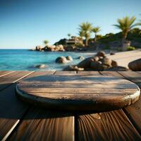 isla ambiente borroso mar y cielo detrás de madera mesa, un atractivo escena para social medios de comunicación enviar Talla ai generado foto
