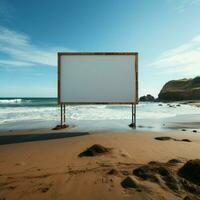 Marine billboard canvas Empty frame set on beach with ocean panorama For Social Media Post Size AI Generated photo