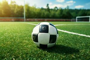 A solitary soccer ball graces the vibrant playing field AI Generated photo