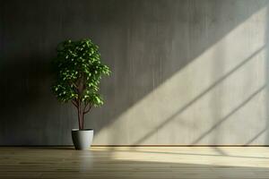 Minimalist charm A dark room, potted plant, concrete wall, wooden floor AI Generated photo