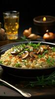 Risotto bowl, savory mushrooms, elegantly set table Vertical Mobile Wallpaper AI Generated photo
