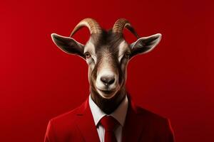 Businessman portrait of goat in suit and tie on isolated red background Ai Generated photo