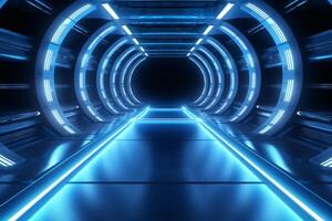 Futuristic corridor with glowing neon lights. 3D rendering. photo