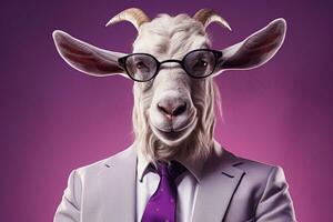 Businessman portrait of goat in suit and tie on isolated Purple background Ai Generated photo