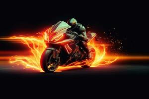 Motorcyclist in a helmet with a motorcycle on fire. 3d rendering Ai Generated photo