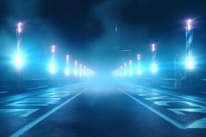 Night scene with neon lights, street and road. 3d rendering photo