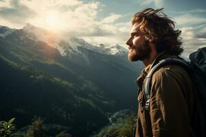 hermoso joven hombre con un barba en el antecedentes de montañas ai generado foto
