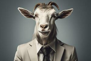 Businessman portrait of goat in suit and tie on isolated dark background Ai Generated photo