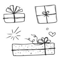 Gift boxes with ribbons set. Hand drawn doodle sketch. Isolated holiday items. Vector image.