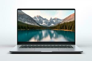 Laptop on white background with autumn landscape. 3d rendering. Ai Generated photo