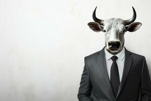 retrato de un toro en un empresario traje y Corbata en un aislado antecedentes. ai generado foto