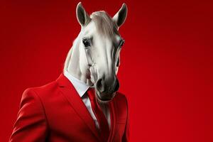 Portrait of a horse in businessman suit and tie on a isolated background. Ai Generated photo