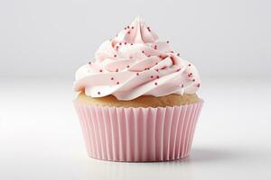 Cupcake with pink sprinkles on white background, close up AI Generated photo