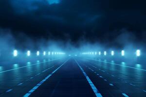 Night scene with neon lights, street and road. 3d rendering photo