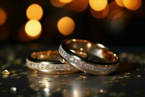 Wedding rings shine against a bokeh backdrop, leaving space for text AI Generated photo