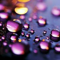 A serene scene Raindrops close up, gently bathed in purple light For Social Media Post Size AI Generated photo