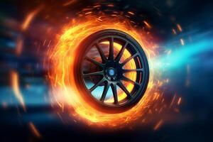 Car wheel on fire background. 3d rendering toned image double exposure photo