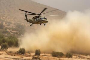Helicopter in the desert at sunset. Shallow depth of field. photo