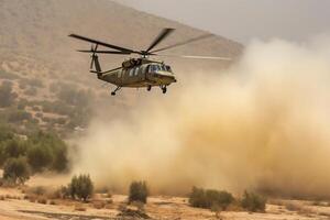 Helicopter in the desert at sunset. Shallow depth of field. Ai Generated photo