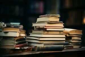 A mound of books on a table in a librarys ambiance AI Generated photo